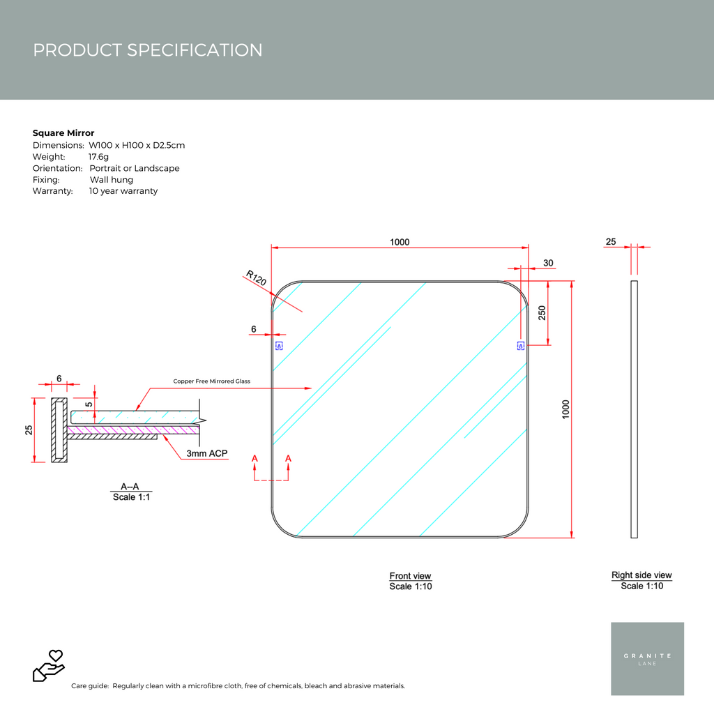 Product Spec Sheet - Studio Square Curve Mirror - White