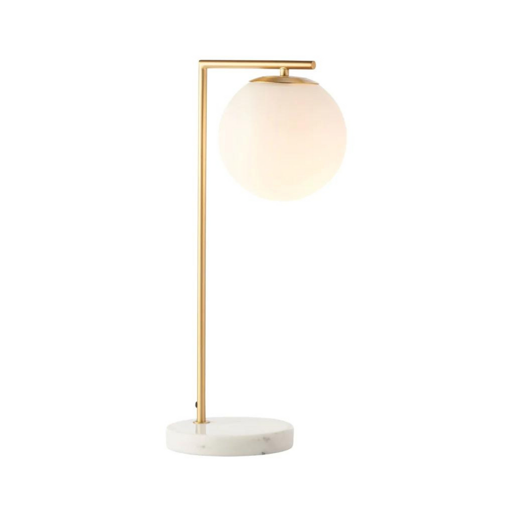 The Remi features a satin brass & marble table lamp with a frosted glass shade. Also available as a floor lamp. 