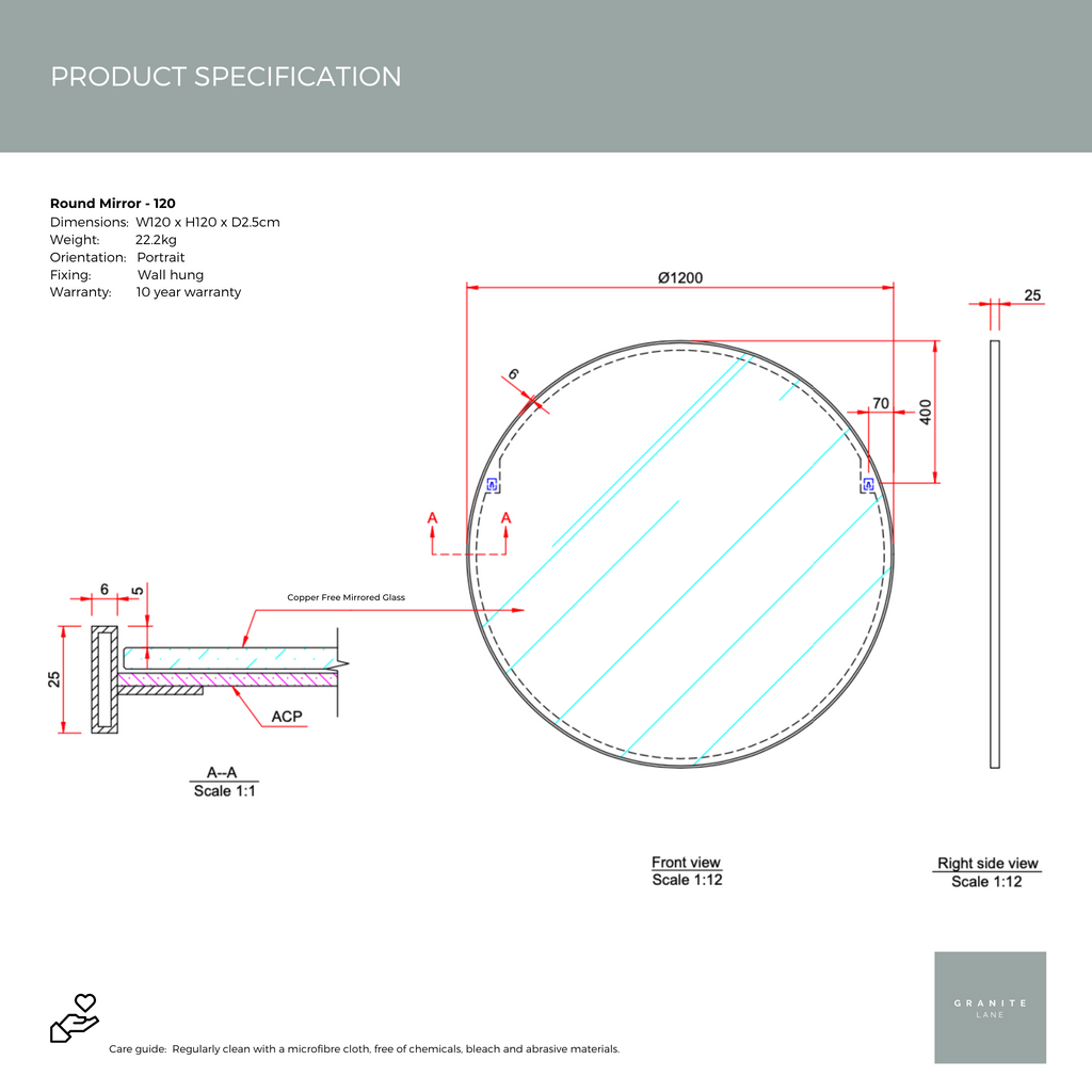 Product Spec Sheet for Studio Round Mirror, Brass - 120cm