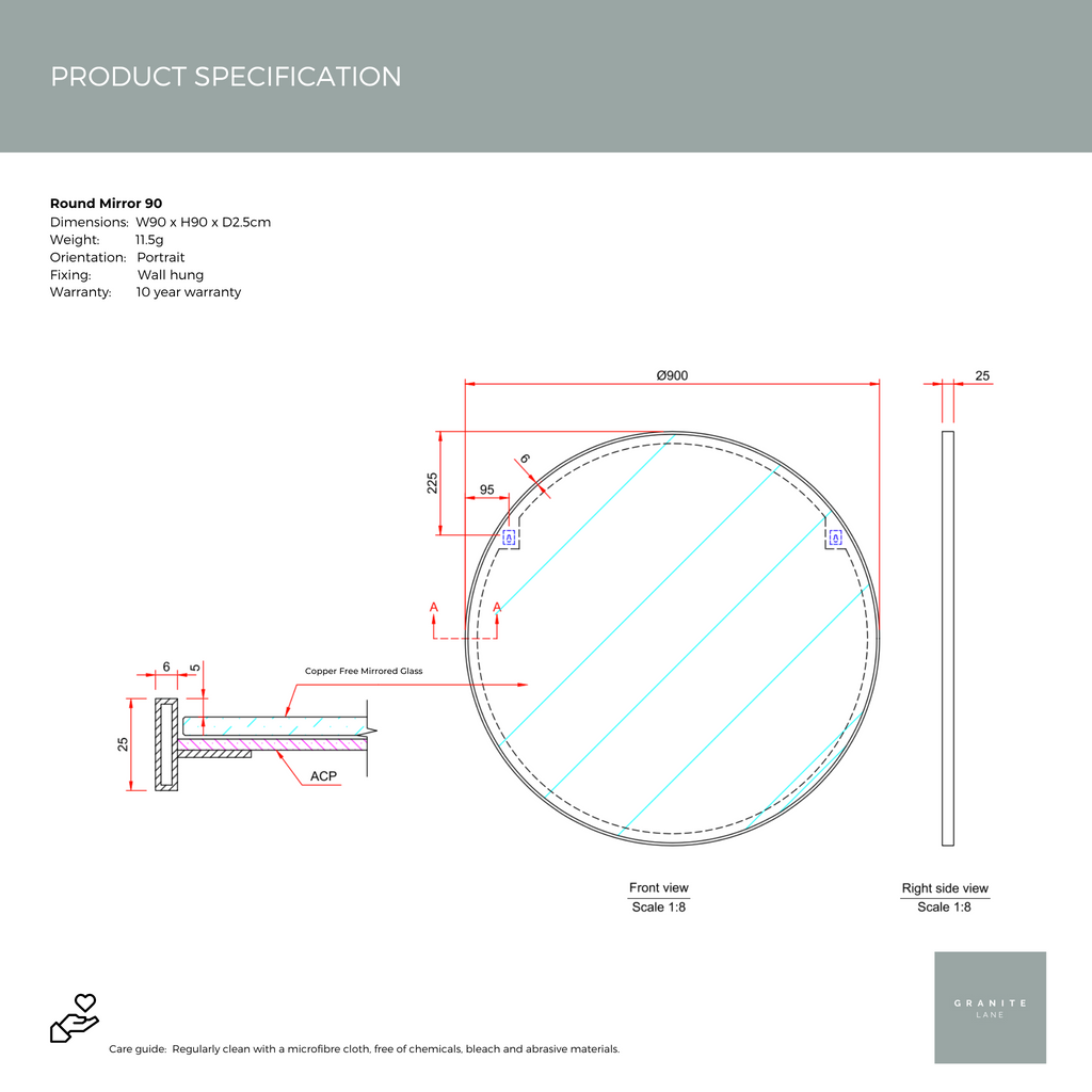 Product Spec Sheet - Studio Round Mirror, Black - 90cm