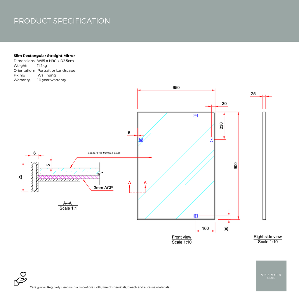 Product Spec Sheet for Studio Slim Rectangle Straight Mirror - Black