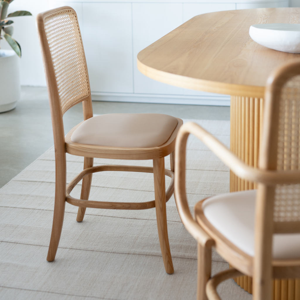 rattan dining chair, blush leather