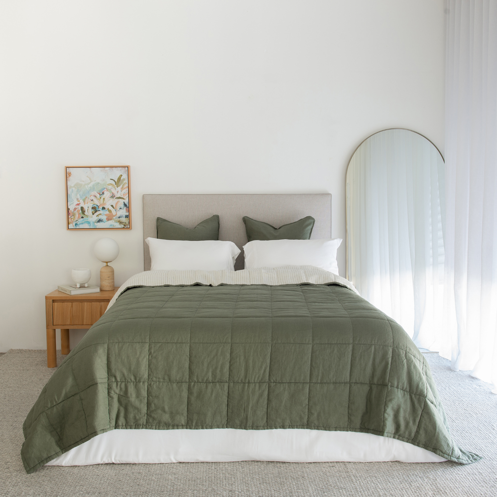 khaki green quilted european linen bed throw