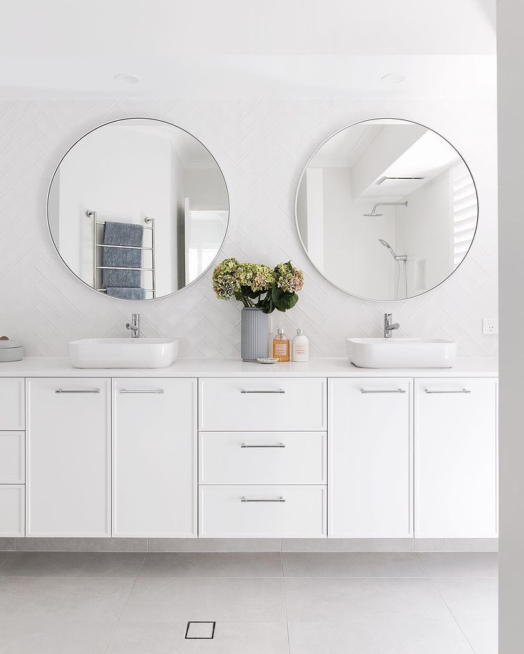 Studio Round Mirror, White - 90cm.  Bathroom design by Perth Interior Stylist, Oh Eight Oh Nine