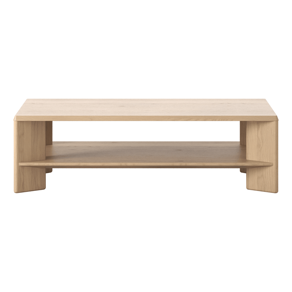 Granite Lane exclusive Master Pacific Lenny Coffee Table in oak crema veneer, smooth surface and refined leg profile.