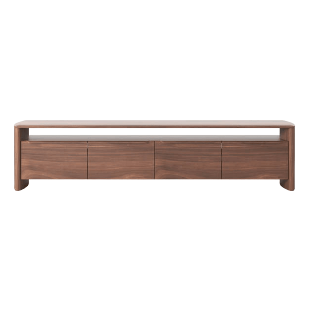 Master Pacific Meko TV Unit Walnut Natural at Granite Lane, wide curved entertainment cabinet with groove handles