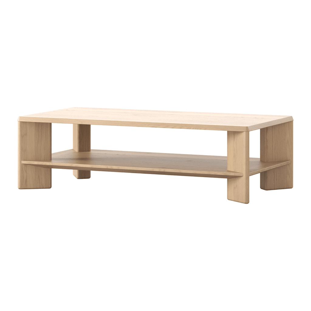 Granite Lane exclusive Master Pacific Lenny Coffee Table in oak crema veneer, smooth surface and refined leg profile