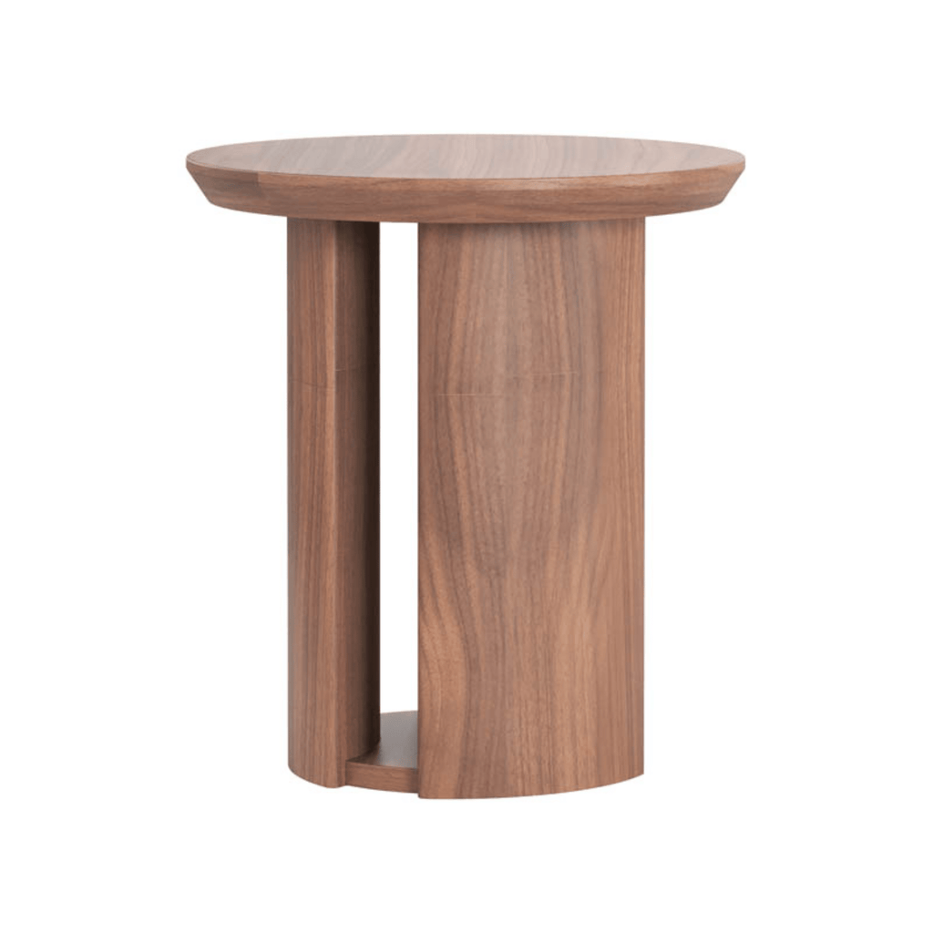 Master Pacific Meko side table Walnut Natural at Granite Lane, rounded walnut timber side table with floating base.