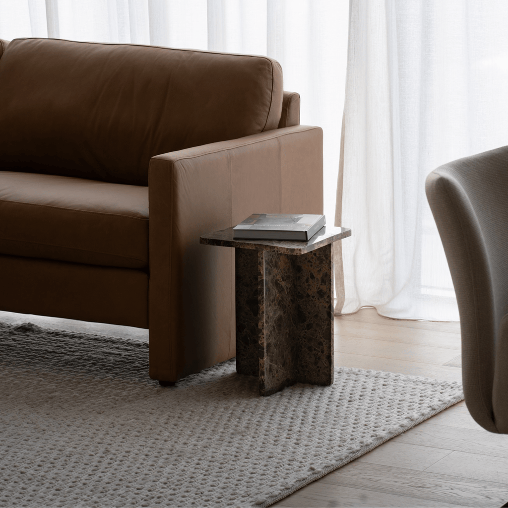 Master Pacific Pierre Round marble side table with rich brown beige veining cylindrical form.