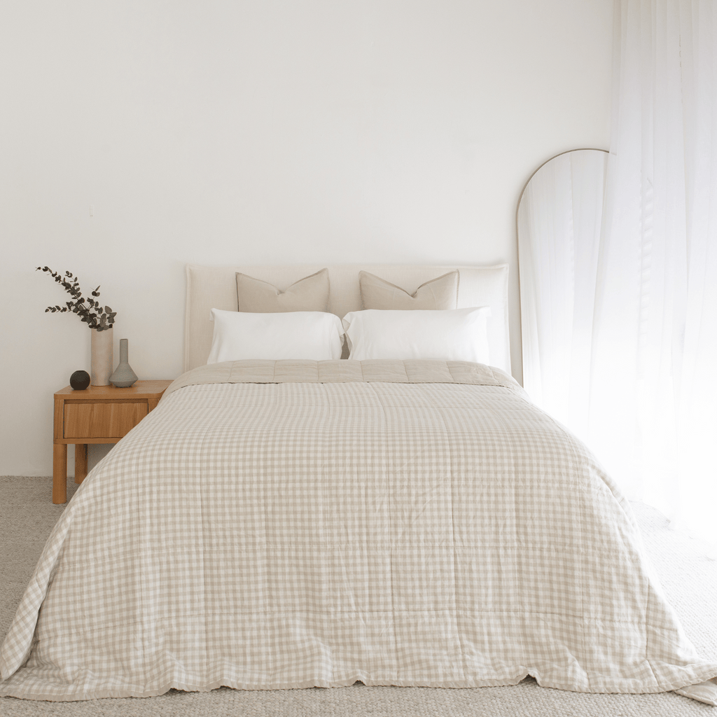 Coco Quilted Linen Bedcover, Stone/Gingham