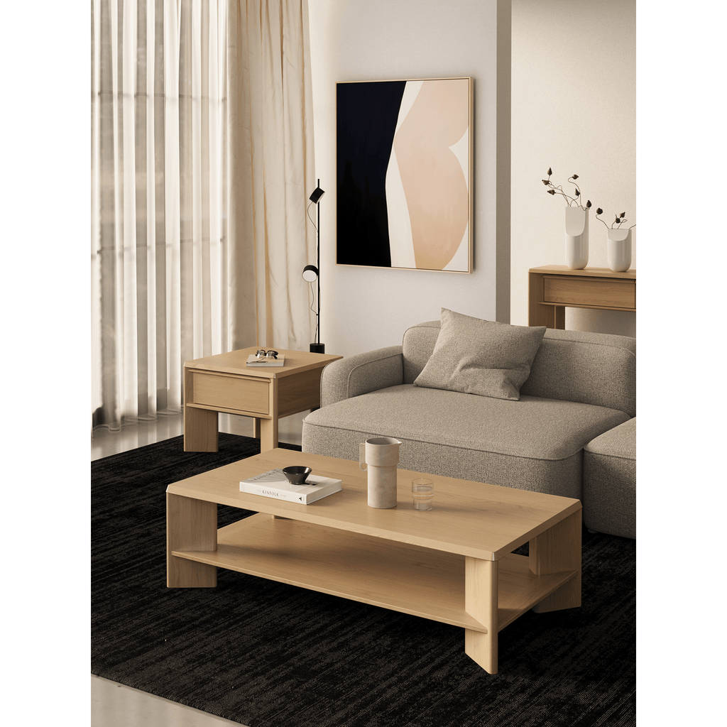 Styled Master Pacific Lenny Coffee Table Oak Crema at Granite Lane, low rectangular coffee table with tapered triangular legs.