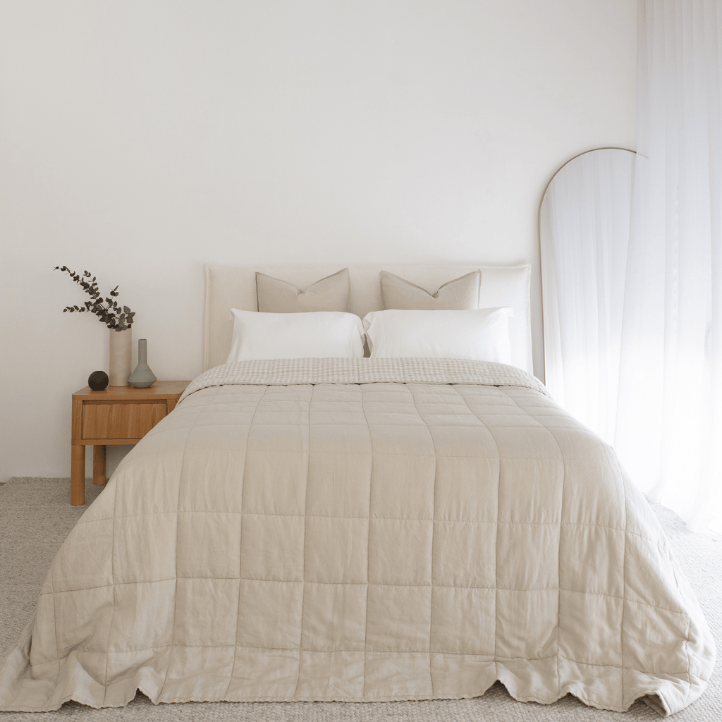 Coco Quilted Linen Bedcover, Natural Stone/Gingham