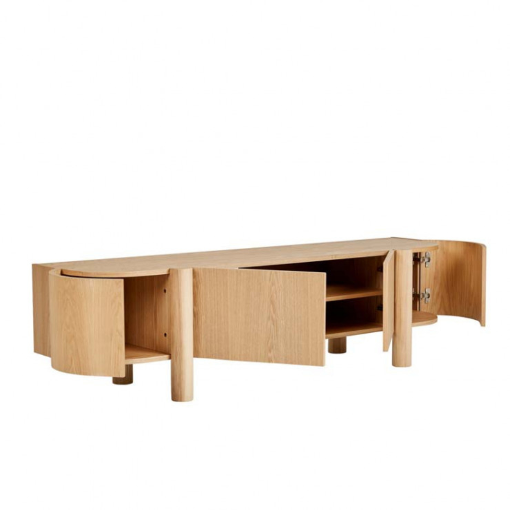 A modern entertainment unit that will set the stage for any living area. Crafted in timber with a curved front, offering ample storage inside and a large surface for a TV.