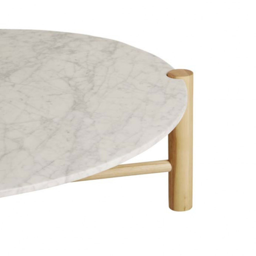A carrara marble and solid ash framed modern coffee table by Globewest. 