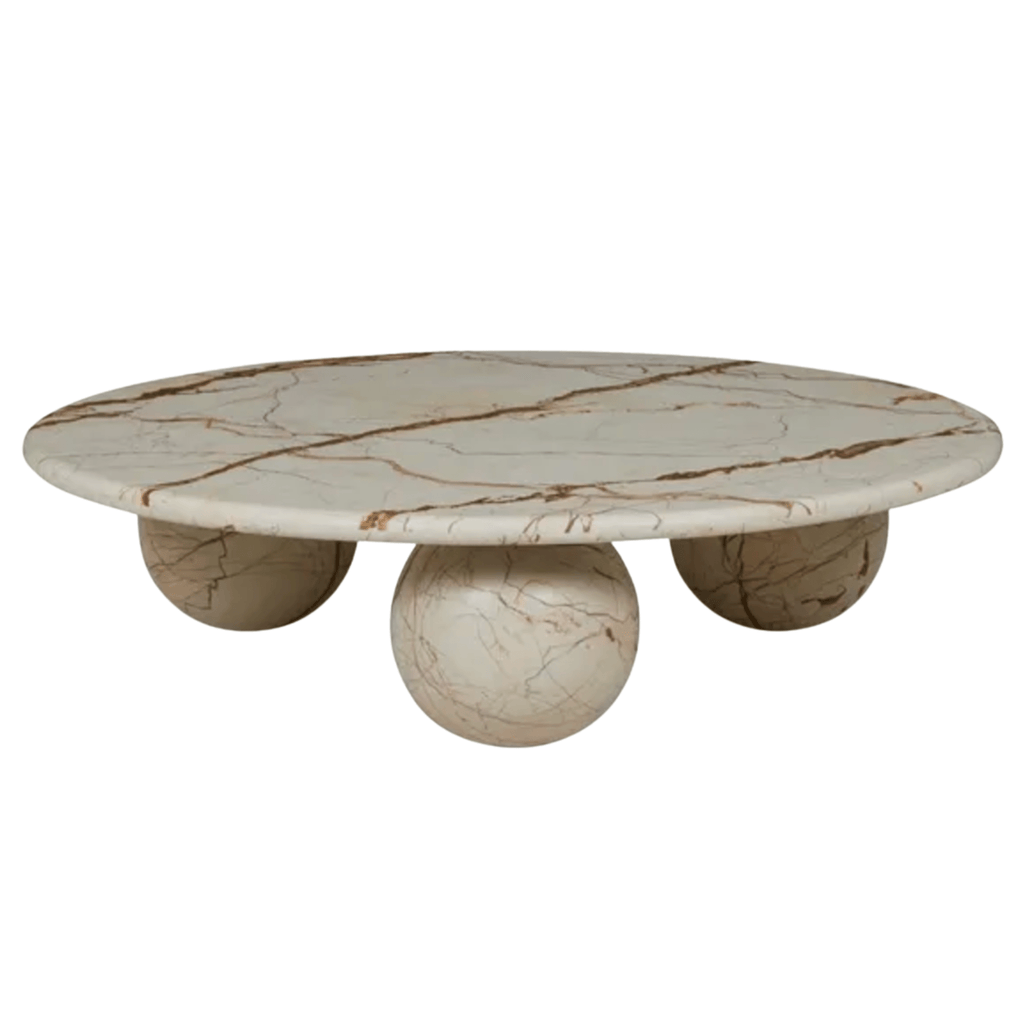 Marble round coffee table with a white background and round sphere legs in brown vein