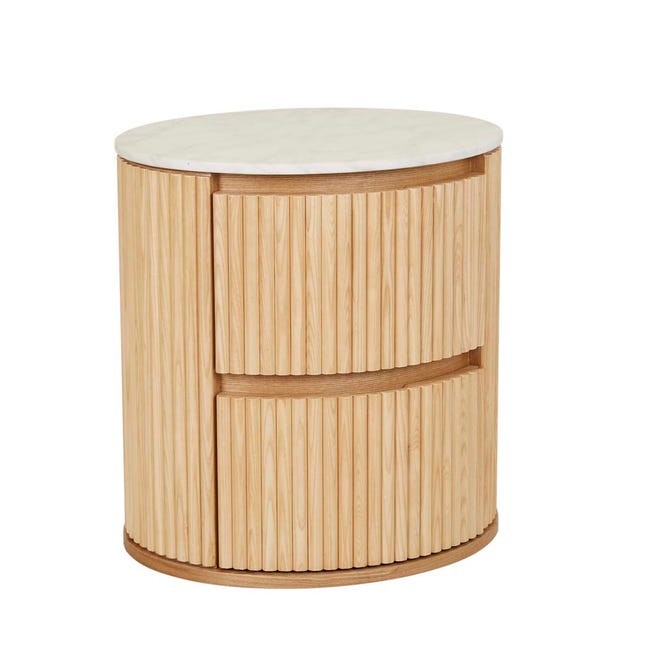 White Ribbed Rounded Bedside Table Perth Benjamin Ripple Marble Round Bedside, Matt White Marble/Natural Ash ...