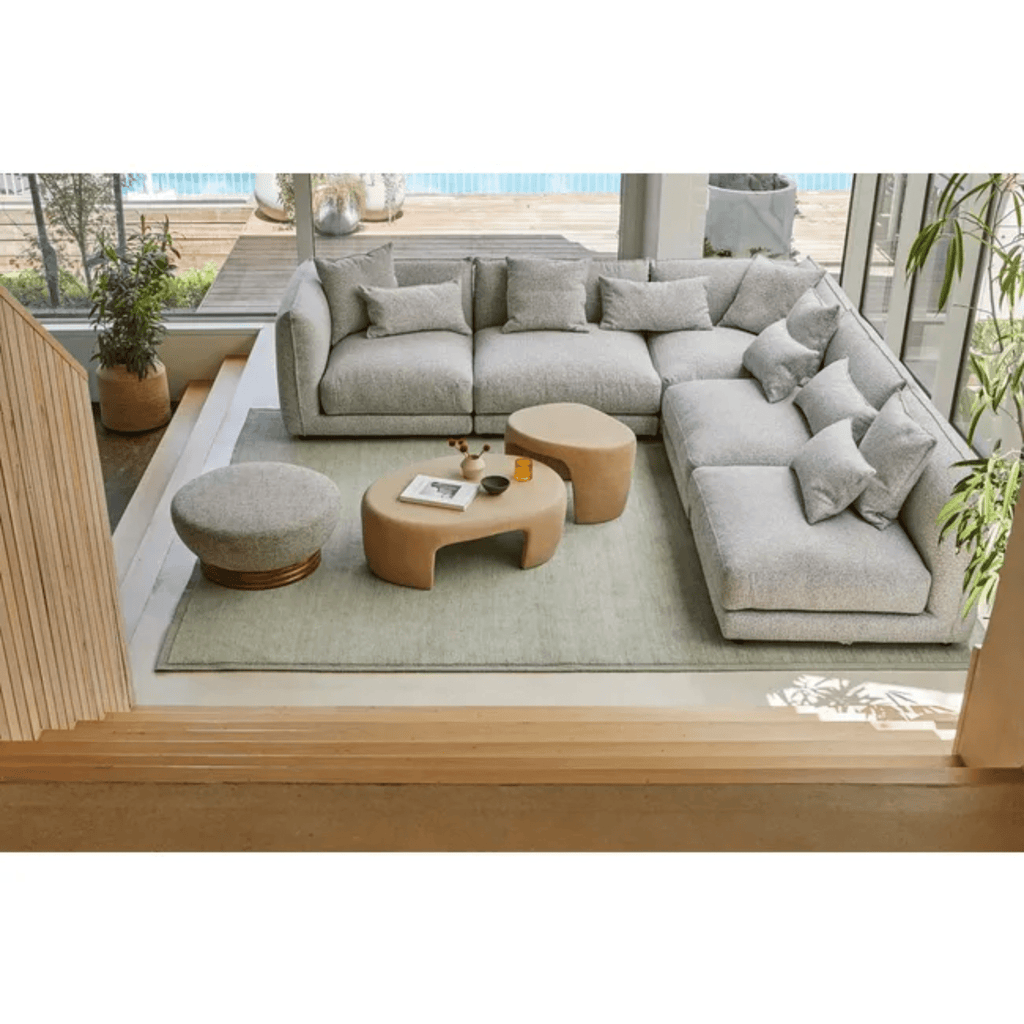 GlobeWest Bower Frame Rug – Seafoam: serene sea‑inspired colour, framed in wool weave to add a calming, textural statement.