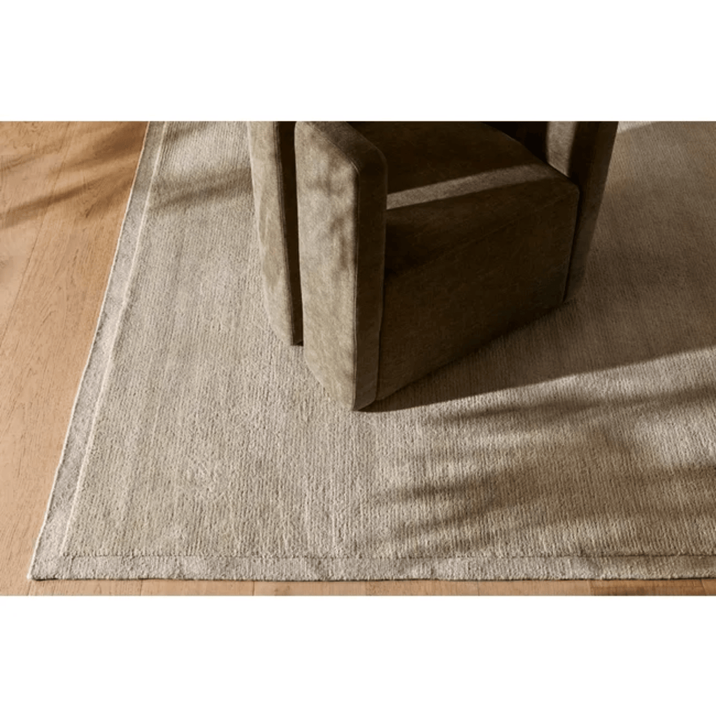 GlobeWest Bower Frame Rug – Cloud: subtle pale hue in plush wool with clean framing, blending texture and calm in any interior.