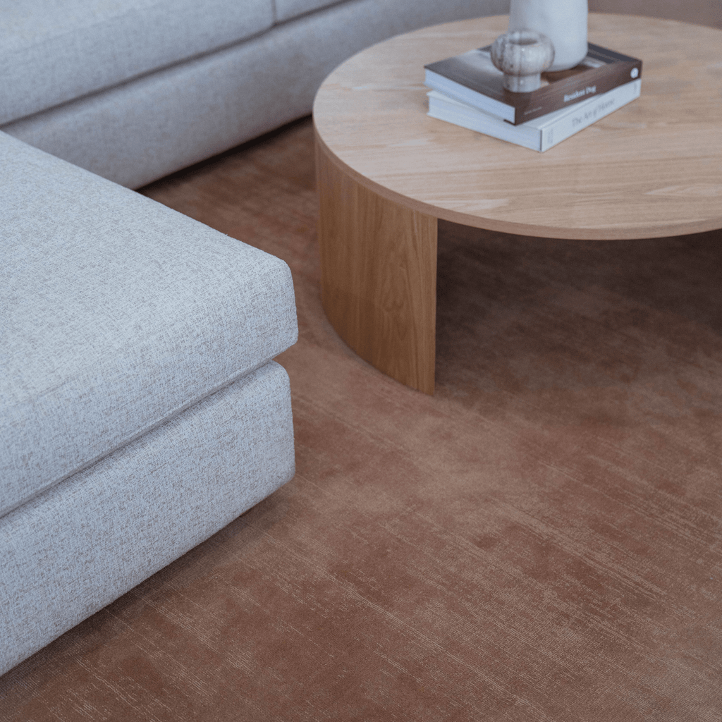 Light gray sofa and wooden coffee table in a living room setting with feature rust rug