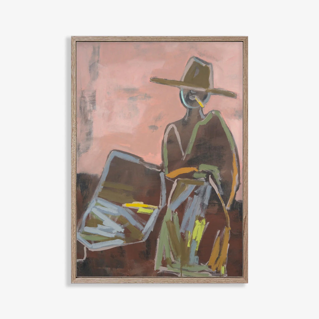 Marcia Priestly abstract painting of a cow girl with a hat on a pink background