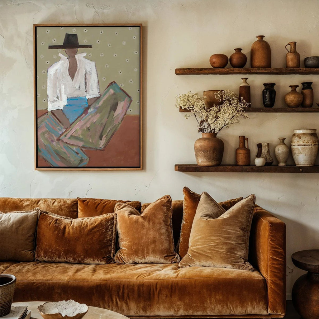 Australian Artist, Marcia Priestley's Chaps Prairie Limited edition canvas print in cosy living room setting.