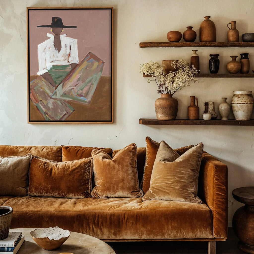 Chaps Rosata - Limited Edition Print in cosy living room setting. Cowgirl inspired Australian Art.