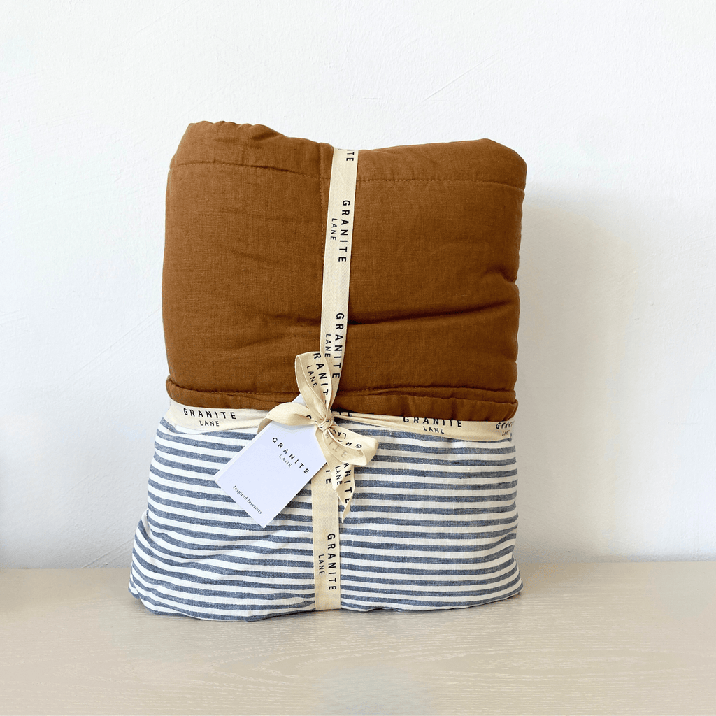 Granite Lane Coco Quilted Linen Bedcover in Toffee with Denim Stripe Pattern - Kids Size Luxury Bedding