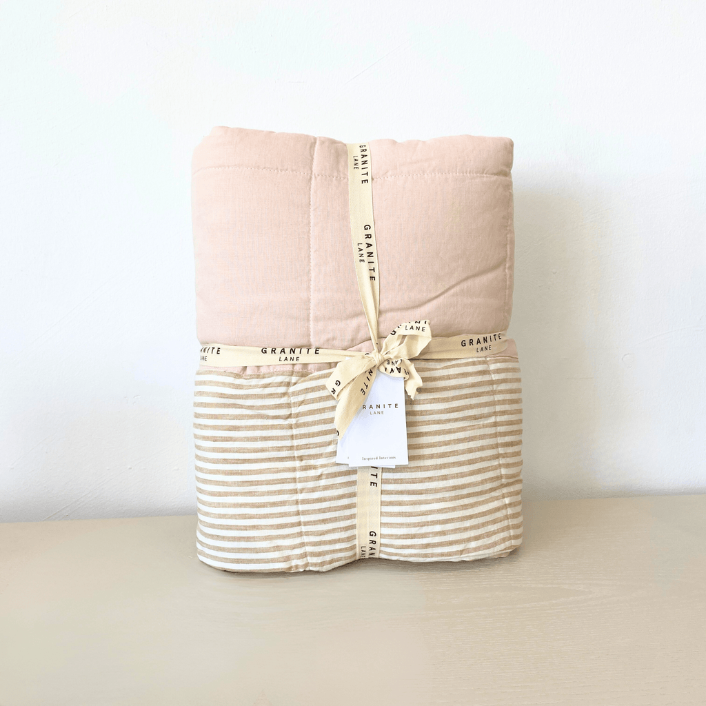 Granite Lane Coco Quilted Linen Bedcover in Blush with Stripe Pattern - Kids Size Luxury Bedding