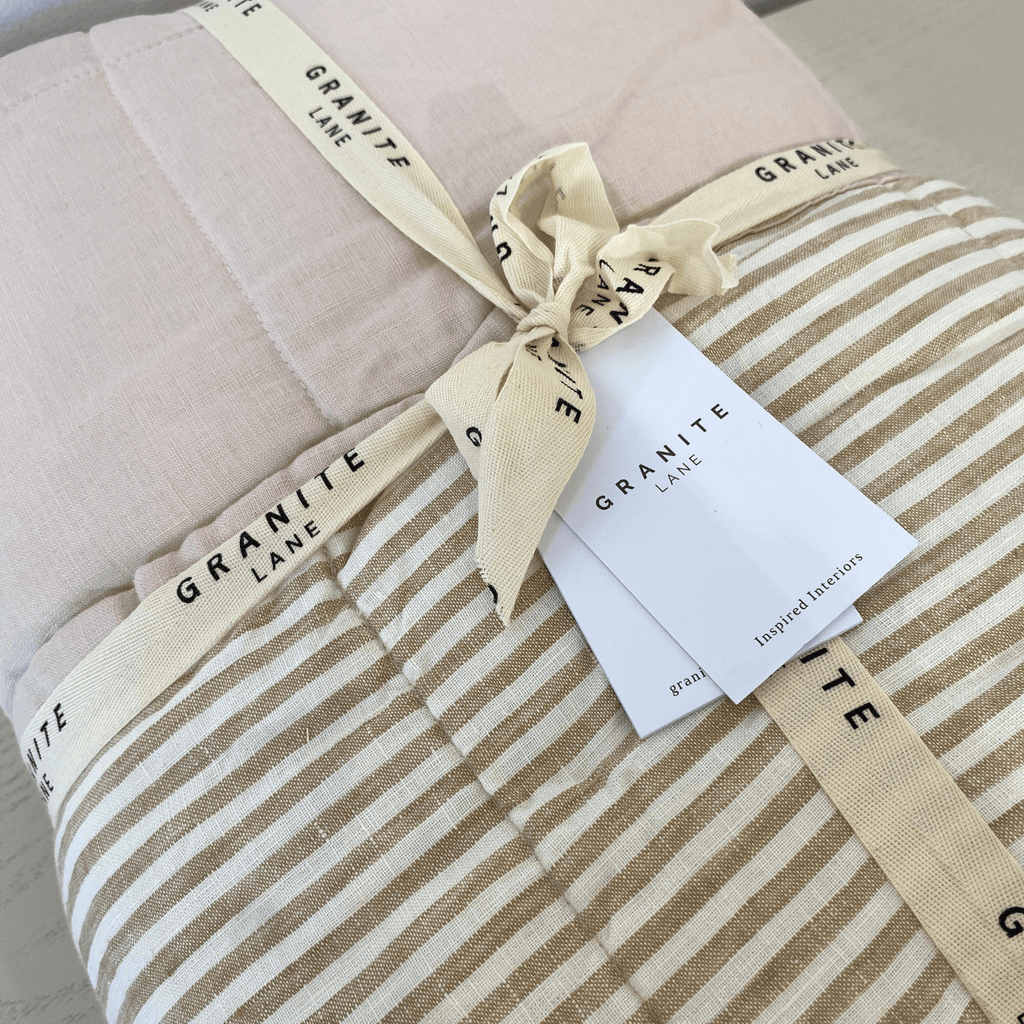 Close-up Detail of Granite Lane Coco Quilted Linen Bedcover Blush Stripe - Premium Quilted Texture