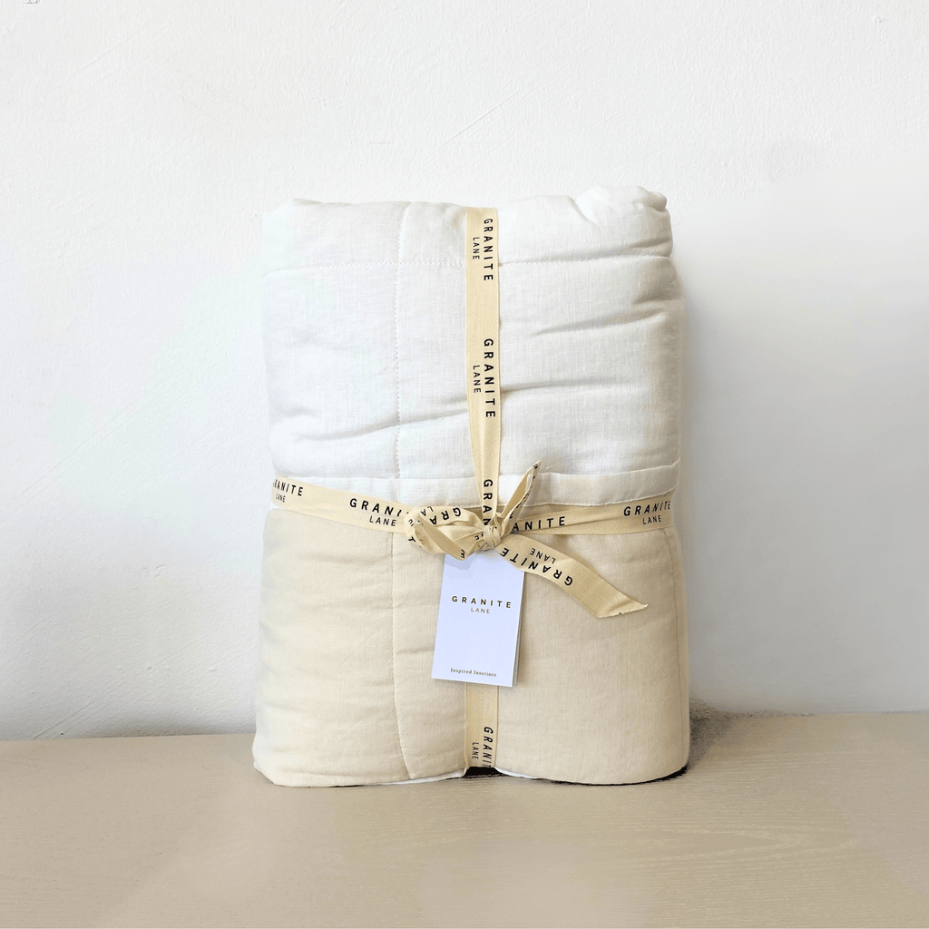 Granite Lane Coco Quilted Linen Bedcover in White with Shell Accent - Kids Size Luxury Bedding