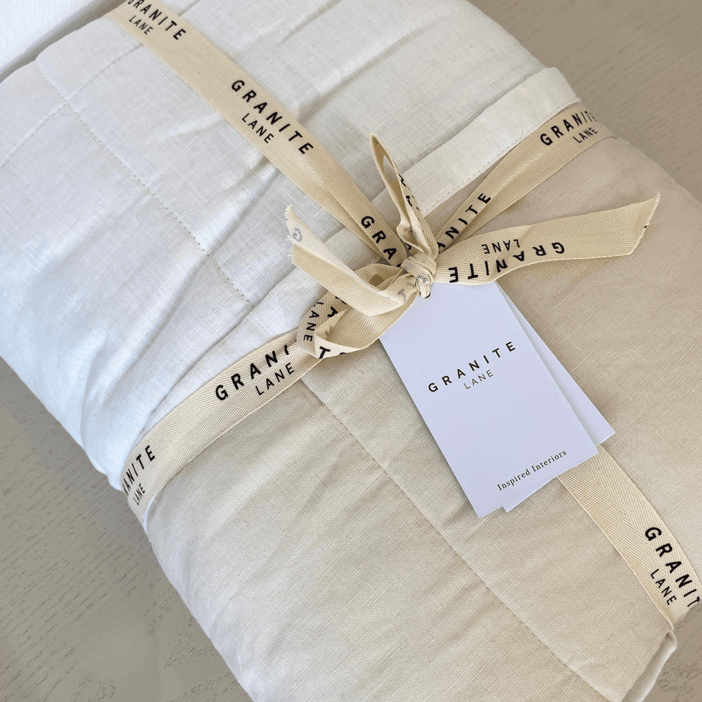 Close-up Detail of Granite Lane Coco Quilted Linen Bedcover White Shell - Premium Quilted Texture