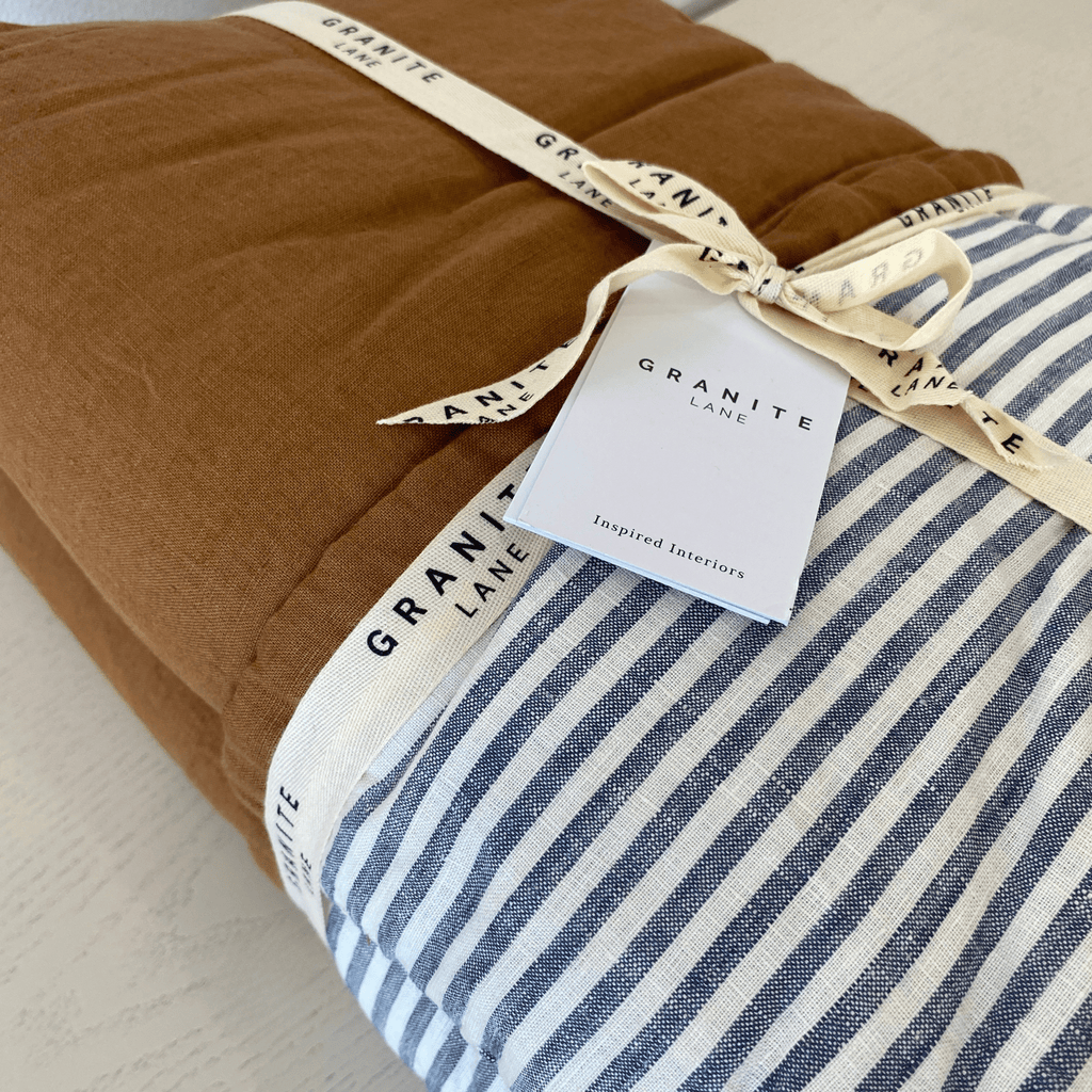 Close-up Detail of Granite Lane Coco Quilted Linen Bedcover Toffee Denim Stripe - Premium Quilted Texture
