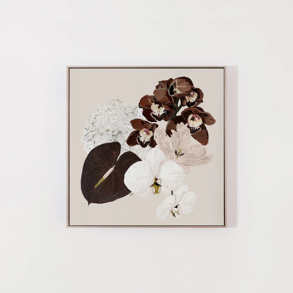 Dusk framed canvas by Adele Naidoo depicting floral arrangement in warm burgundy and pink tones.