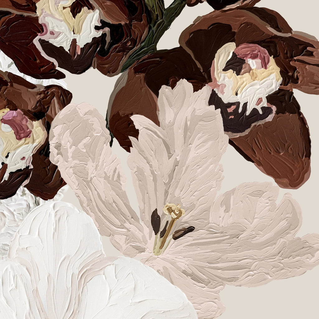 Close-up of Dusk By Adele Naidoo depicting a white flower with brown and pink petals on a beige background.