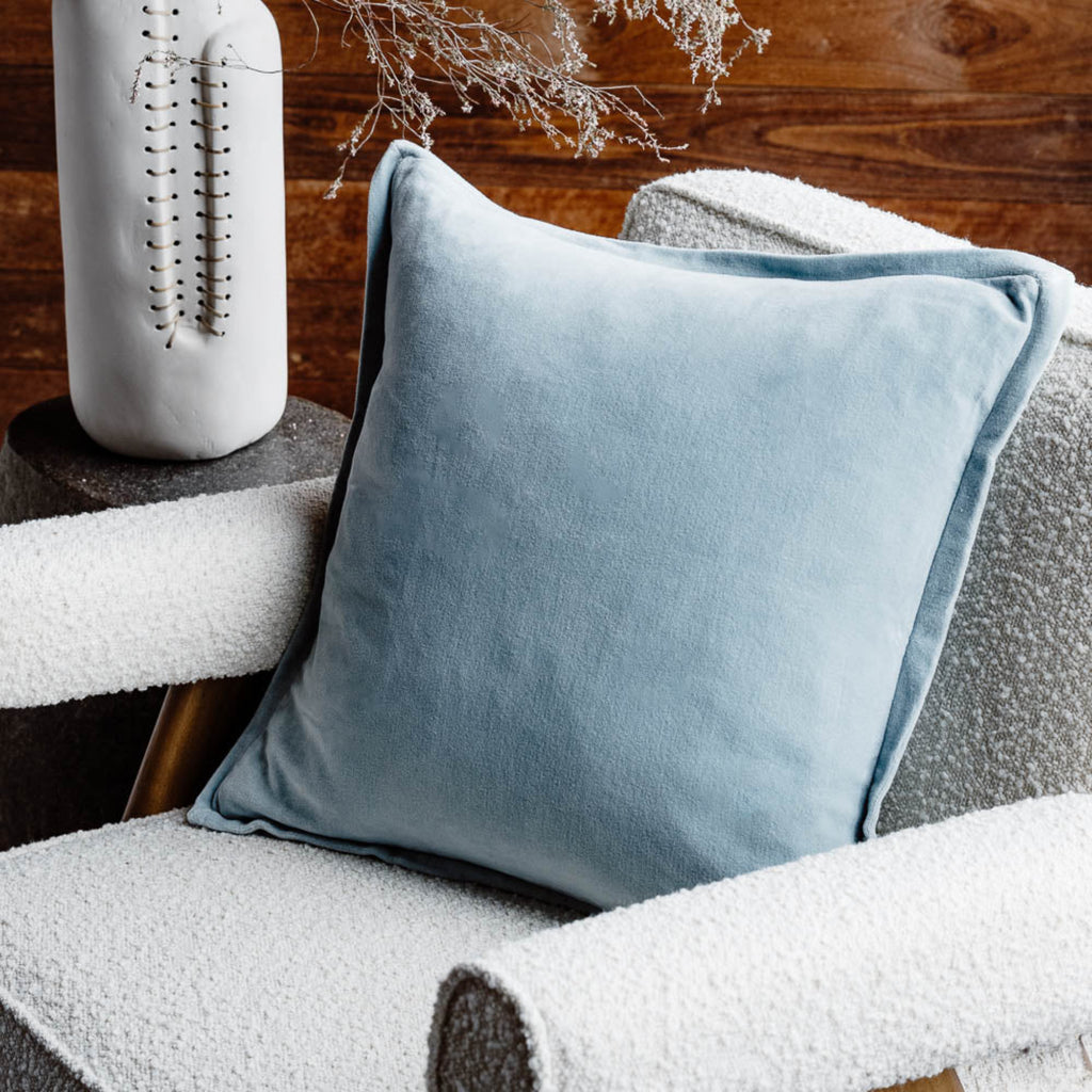 Lifestyle picture Evelyn Velvet Cushion - Sky by Eadie Lifestyle