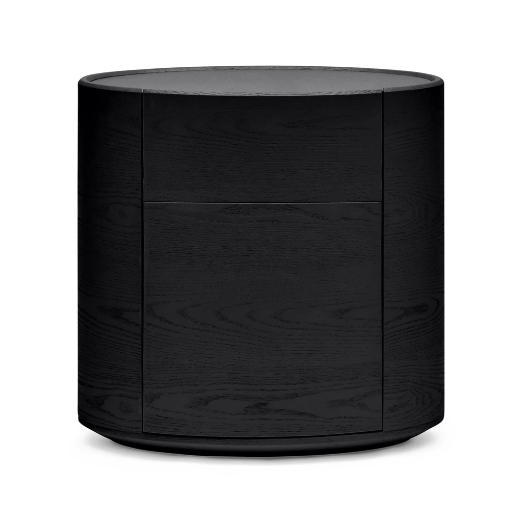 Finn Oval Bedside black ash — minimalist black bedside table with twin drawers, soft-close mechanism