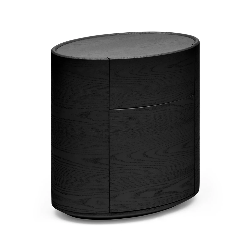 Finn Oval Bedside black ash — minimalist black bedside table with twin drawers, soft-close mechanism