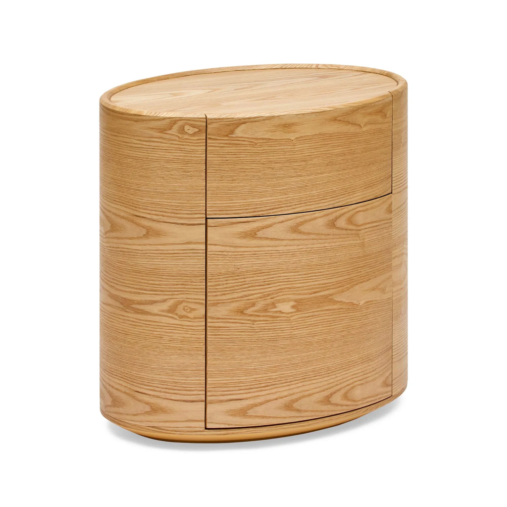 Finn Oval Bedside natural ash — contemporary bedside table front view with wood grain and oval edges