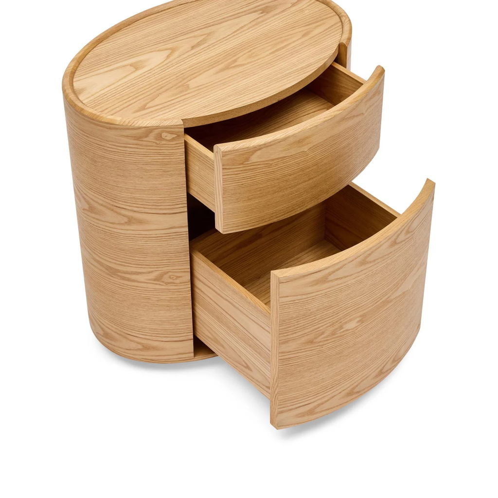 Finn Oval Bedside natural ash — detail of soft-close drawer mechanism and clean modern design
