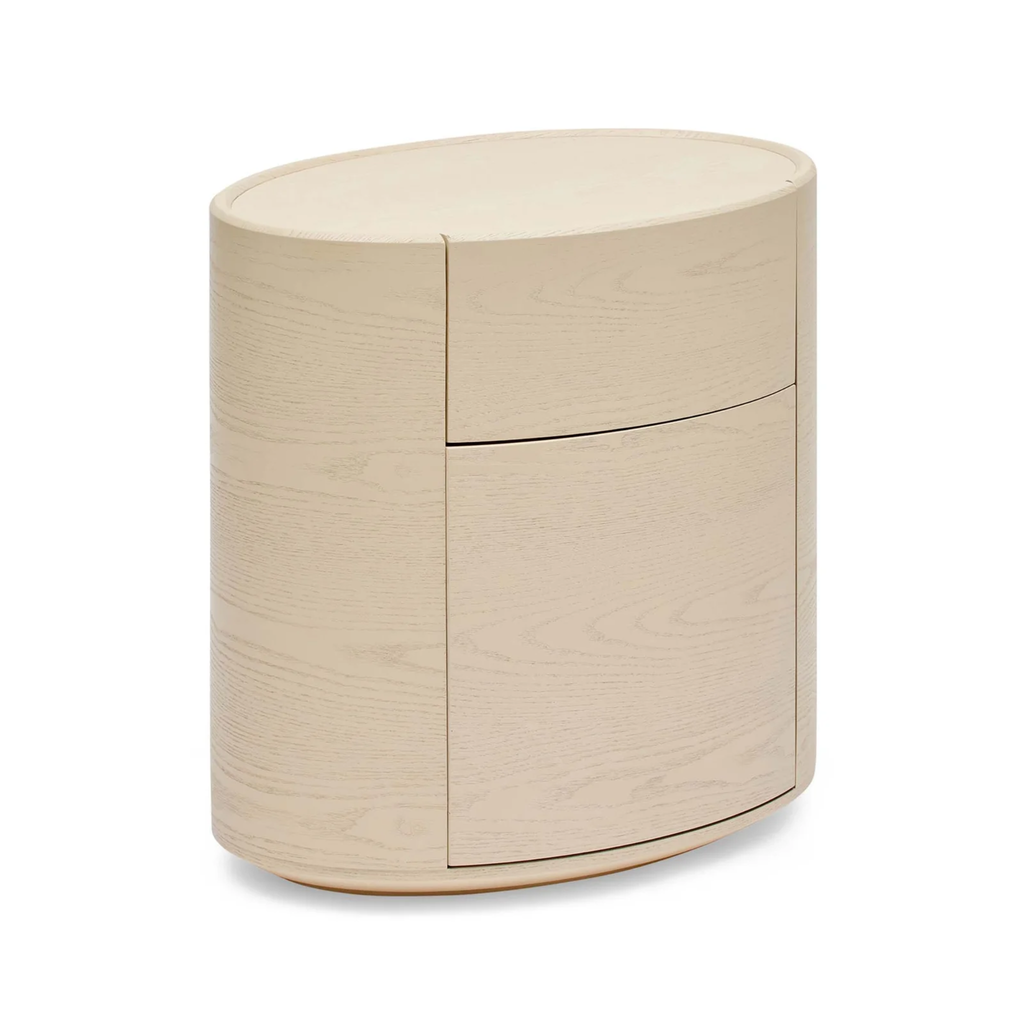 Finn Oval Bedside table in parchment finish — modern oval-shaped timber bedside with two soft-close drawers