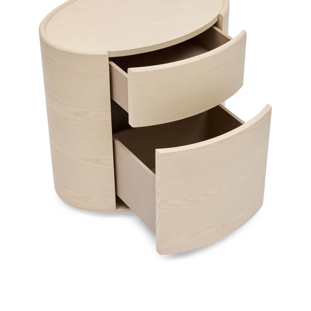 Finn Oval Bedside natural ash — detail of open storage drawer mechanism and clean modern design