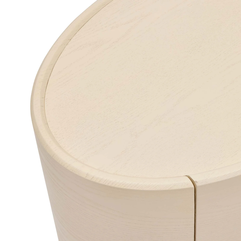 Finn Oval Bedside natural ash — detail of soft-close drawer mechanism and clean modern design.