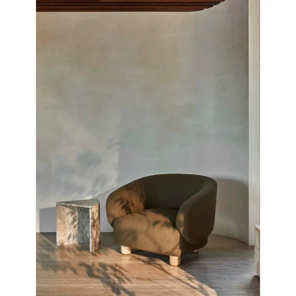 "Flo Occasional Chair - Deep Olive colorway with Natural Ash timber legs, modern Scandinavian design