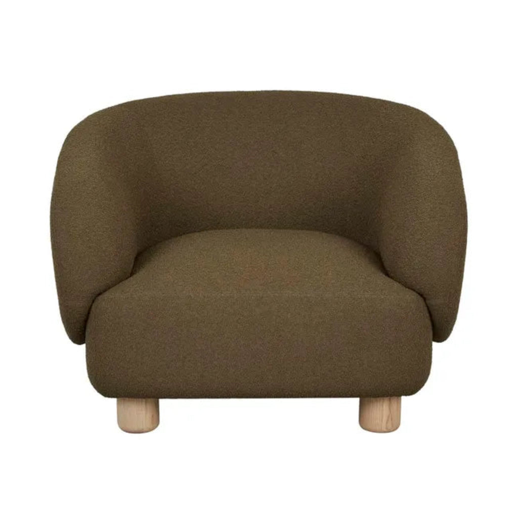 Flo Occasional Chair with deep olive textured fabric upholstery, curved barrel back design, and four natural ash wooden legs