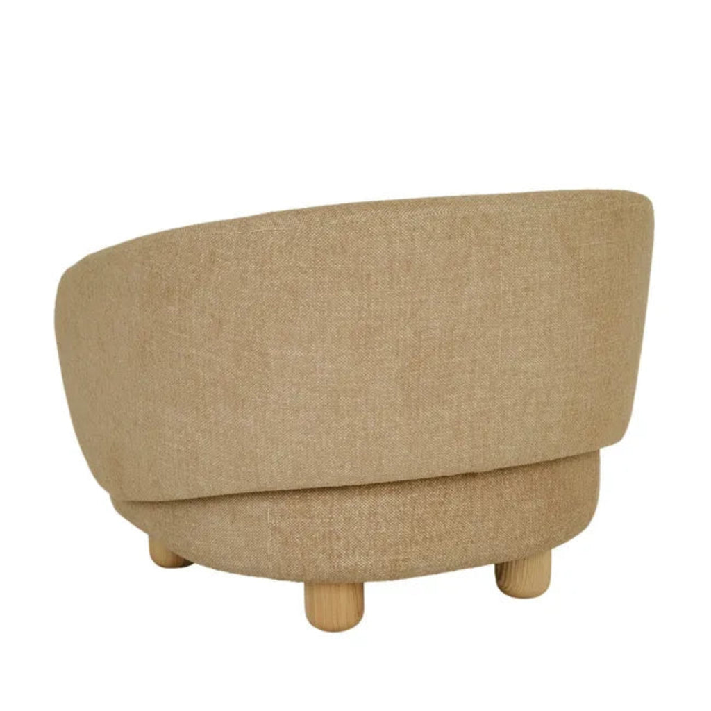 Flo Occasional Chair featuring hay-coloured textured upholstery and natural ash timber legs with curved barrel design.