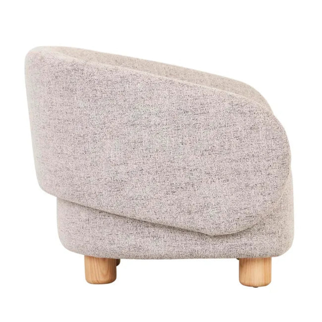 Modern Flo Occasional Chair upholstered in neutral moon rock fabric with ergonomic curved back and four natural ash wooden legs
