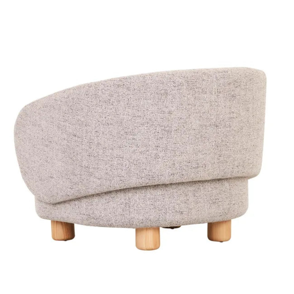 Modern Flo Occasional Chair upholstered in neutral moon rock fabric with ergonomic curved back and four natural ash wooden legs.