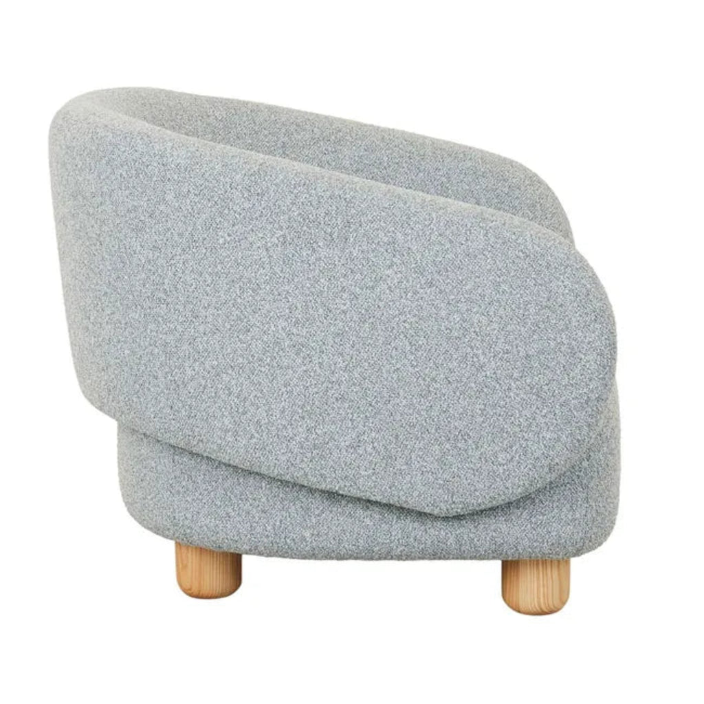 Modern Flo Occasional Chair upholstered in soft nimbus fabric with ergonomic curved back and four natural ash wooden legs.