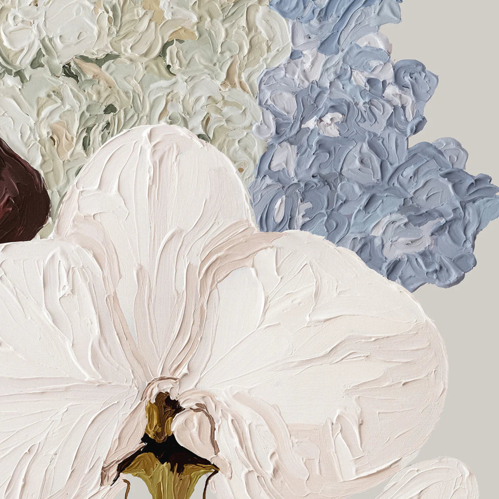 Close up of “Fly High” canvas print by Adele Naidoo showcasing an elegant abstract bloom with flowing petals in soft pinks and earthy neutrals.