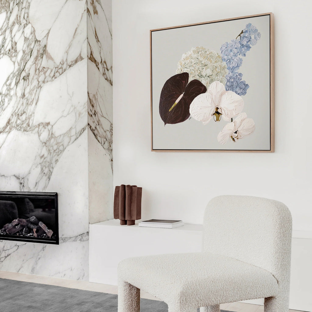 “Fly High” abstract floral artwork by Adele Naidoo featuring delicate petals and layered textures in blush, cream, and neutral hues.